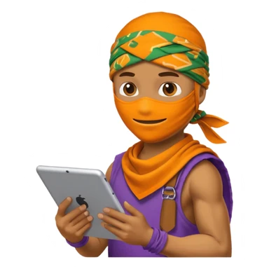 Donatello from Teenage Mutant Ninja Turtles, emoji style, using a tablet with a hacking screen and a bandana, with an orange hacking interface sticker
