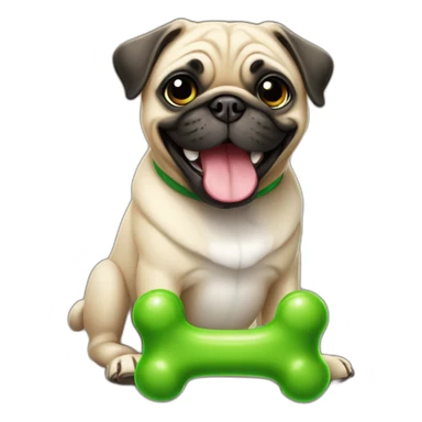 a happy pug whit a green toy bone sticker