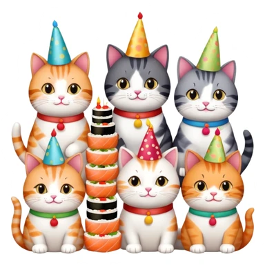 exactly six individual cats in a row celebrating one cat's birthday, each cat clearly visible and holding a piece of sushi, birthday cake in center, all six cats with party hats sticker