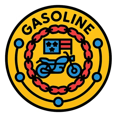 circular motorcycle gas cap design, transparent background, text 'GASOLINE', motif: motorcycle, chain, American flag, USA style sticker