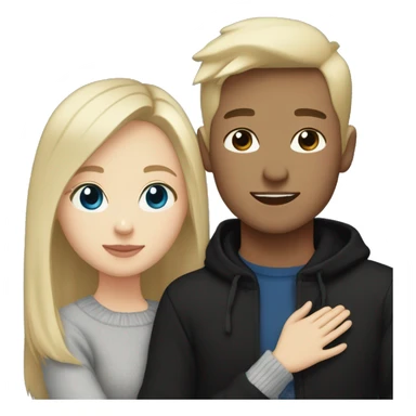 dark Blonde girl with blue eyes in black sweater and an east asian with light skin man with black hair and black eyes hugging sticker