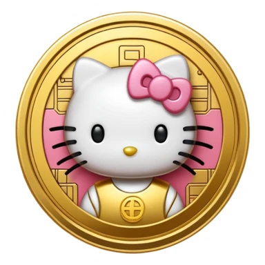 Hello Kitty styled as a cryptocurrency coin, shiny gold and digital circuit patterns, cute emoji style sticker
