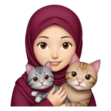 Asian white girl wearing maroon hijab holding a black grey tabby cat with smiling sticker