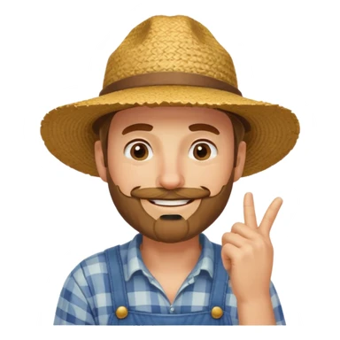 “A single emoji-style character combining 👨‍🌾😄 and 🤔: a smiling farmer man with a straw hat, friendly face, and light beard, holding one hand under his chin in a thinking gesture. His index finger rests under his face, eyes looking slightly upward as if thinking.  sticker
