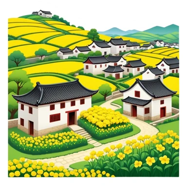 Wuyuan countryside spring flowers and traditional houses Jiangxi, simplified emoji style with bold outlines and bright colors, cartoon style rural village with yellow rapeseed flowers sticker