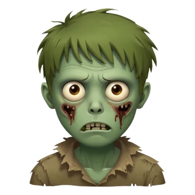 zombie slim youthful face, messy brown fringe, muted green skin tone, tired heavy-lidded eyes with visible under-eye darkness, a neutral slightly bored expression, and an overall low-energy, sleep-deprived, mentally fried vibe, sticker