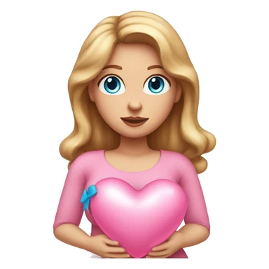 White pregnant lady, with Long Light Brown hair and blue eyes. She is wearing a tight pink dress and a bow,  standing and holding two pink heart balloons. sticker