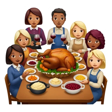 Thanksgiving Dinner with 10 people of different races around the table; have the food be a cooked turkey, mashed potatoes, corn, a basket of biscuits, a small bowl of cranberry sauce, baked yams, steamed vegetables, and a bottle of wine. sticker
