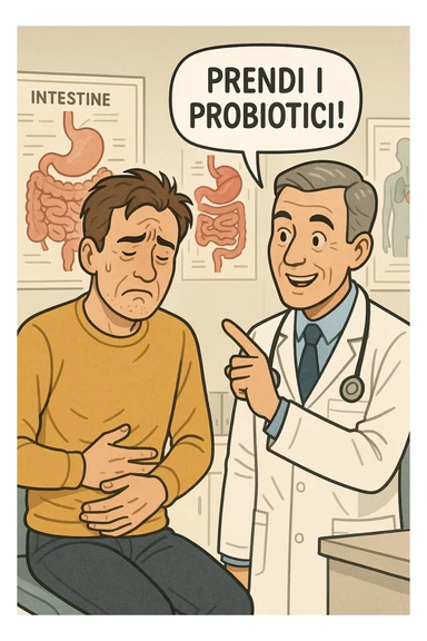 Uomo che ha disbiosi evidente e il dottore gli dice "Prendi i Probiotici!" sticker