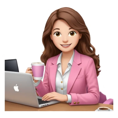 smiling woman with long wavy brown hair, pink blazer, white top, holding coffee and working on laptop — cozy home office background sticker