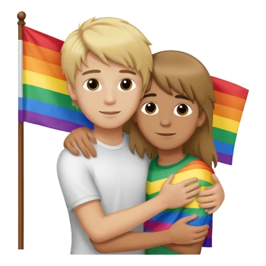 un garçon blond cheveux long qui embrasse un garçon brun cheveux long avec un drapeau lgbt sticker