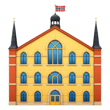 Norwegian Parliament building Stortinget, cartoonish, yellow brickwork, arched windows, Norwegian flag on top, emoji style sticker
