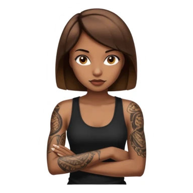 Femme brune yeux marron avec une coupe carré noir qui descend sur l'épaule , femme couleur de peau typé, avec un cobra a côté , débardeur noir , avec un tatouage sur le bras droit sticker