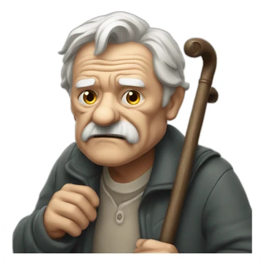 Old man leaning on a walking cane and holding his crancky back with his hand, grumpy face, detailed sticker