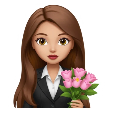 corporate pretty bratz baddie, long brown hair holding flowers sticker