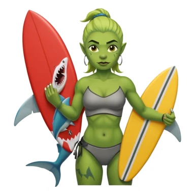 orc female holds a little surfboard with a shark painted vertically in his hands sticker