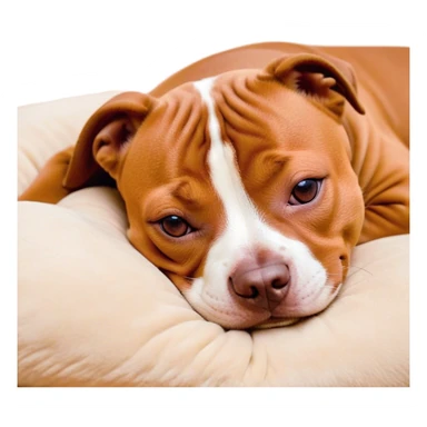Meme-Worthy Cute Sleeping Red/Fawn Staffordshire Bull Terrier Portrait Emoji, Head resting peacefully with a contented smile, showcasing a delightfully compact build and a luxuriously soft red/fawn Fur with subtle white highlights, eyes shut in a serene nap, Simplified yet hilariously adorable features, highly detailed, glowing with a soft, drowsy light, high shine, relaxed and utterly lovable, stylized with an air of playful laziness, bright and heartwarming, soft glowing outline, capturing the essence of a comically sleepy guardian, so meme-worthy it feels like it could instantly become the next viral sensation of adorable slumber! sticker