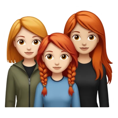 Can you create an image of 3 friends together one with red bright hair light skin one the other with brown hair with some blonde highlights in the hair fair skin the last one with light brown a tint of orange hair and black long hair sticker