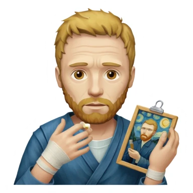 van gogh paints on a canvas. On his right he has a bandage sticker