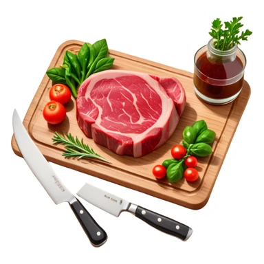 A photorealistic icon featuring a chef's hat, a cutting board with fresh ingredients, a knife, a plate with a well-plated dish, and a beautiful ribeye beef steak. Bright, detailed design with realistic textures and lighting. Transparent background, clearly symbolizing cooking and culinary arts. sticker