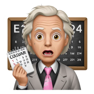 Doc Brown, in Back to the Future, looking shocked, mouth wide open, with a shocked expression. Without glasses. Wearing a silver dress with black trim, a pink collared shirt and a white tie, holding a calendar. sticker