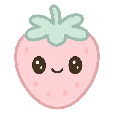 kawaii style strawberry, happy face, pastel pink and green, sparkling eyes, playful and cute sticker