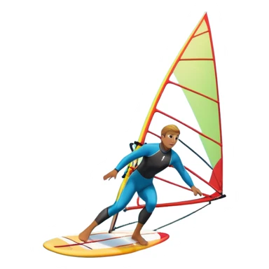 A windsurfer gliding across the ocean, with a vibrant sail catching the wind. The scene captures the motion of the board riding the ocean waves, surrounded by the bright blue sky and ocean, symbolizing the excitement and skill required in the sport of windsurfing. sticker