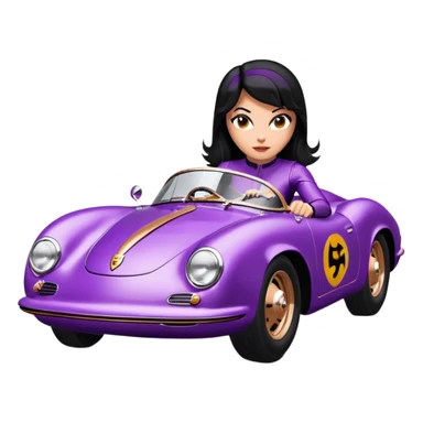 Adult BatGirl driving her satin-black and rose gold 1955 Porsche 550 Spyder too fast in the country, despite the rainy conditions making the tires slippery, sliding sideways with her black hair fluttering in the wind (purple shiny latex catsuit, black car)  sticker