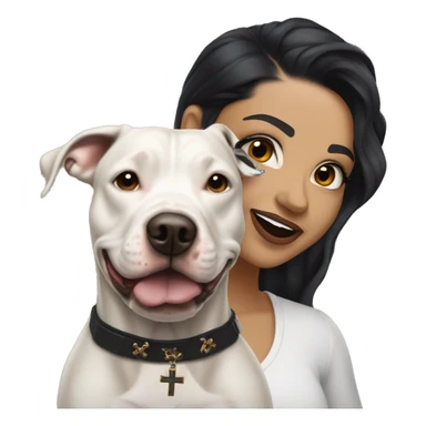 light skin woman with a face tattoo of a small cross near her eye and long wavy black hair expressing joy alongide a white and brown pitbull sticker