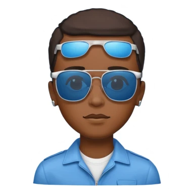 Un garçon noir avec des lunettes de soleil un peu bleu avec un cadran plutôt carré et SANS QU’ON VOIT SES YEUX. Et au dessus de sa tête il y a écrit BOUSS sticker