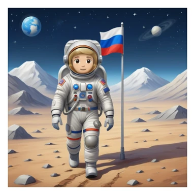 Cosmonaut walking on a planet surface, wearing a spacesuit with Russian flag, light hair and light skin visible through helmet sticker