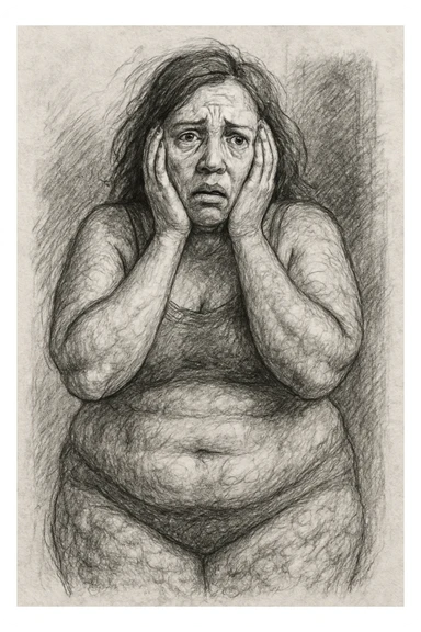 pencil sketch style drawing of a woman with a lot of cellulite, visibly desperate and tired of her condition, face visible with a marked expression of despair and fatigue, white background sticker