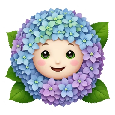 Adorable cute hydrangea flower with happy face, puffy round cluster of pastel colored tiny blooms, cheerful appearance, and cute little green leaves sticker