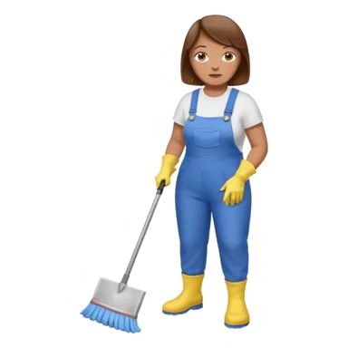 old and fat women, brown hair, Custodian with yellow rubber gloves, white T-shirt, blue overalls, mopping floor sticker