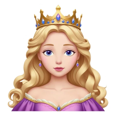 Cinematic Realistic Sleeping Beauty (Aurora) Portrait, with porcelain-like skin featuring a natural rosy flush, illuminated by soft lighting that highlights the gentle contours of her face. Her golden blonde hair flows in soft, detailed waves with subtle highlights that shimmer in the light. Her deep violet-blue eyes radiate warmth and innocence, framed by arched brows and long lashes. Her serene expression exudes quiet elegance. She is dressed in her classic pink gown, the fabric rich in texture with delicate folds that catch the light. A golden crown rests atop her head, gleaming with royal refinement. The portrait captures a soft, glowing aura, blending realism with an ethereal sense of beauty and timeless enchantment. sticker