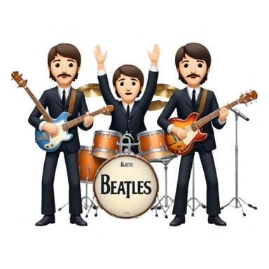 Rock music icon: The Beatles performing live on stage. John Lennon with guitar, Paul McCartney with bass, George Harrison with guitar, Ringo Starr on drums. Bright lights, energetic performance. Transparent background. sticker