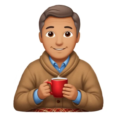 Cozy handsome middle aged man sitting next to a nice fireplace with a hot apple cider, blanket, and plate of chocolate cookies. sticker