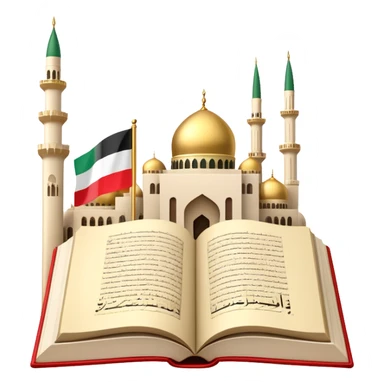 An icon featuring the mosque and the big flag of United Arab Emirates, symbolizing the Arabic language. The design includes an open book with Arabic script and calligraphy, representing language learning and cultural heritage. Transparent background sticker