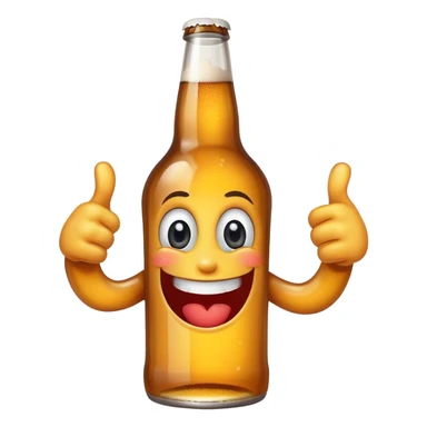 A beer bottle with a big smile and expressive eyes giving a BIG thumbs-up sticker