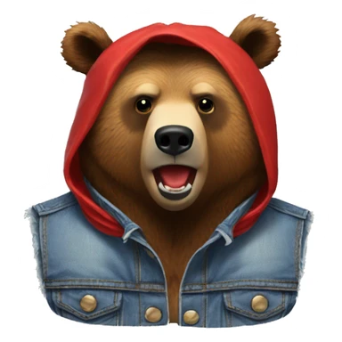 grizzly bear wearing sleeveless jean jacket and red bandana around head with open mouth sticker