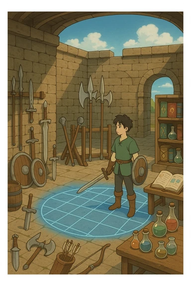 A virtual simulated training environment for combat drills, configured with swords, daggers, axes, maces, halberds, bow and arrows, and shields, as well as spell books and potions  sticker