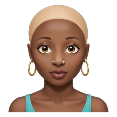 Grown black (proud) woman, bald with a perfect head, a prominent nose with a septum piercing, many piercings on her ears, a gap between her front teeth and very long nails (cynthia erivo) sticker