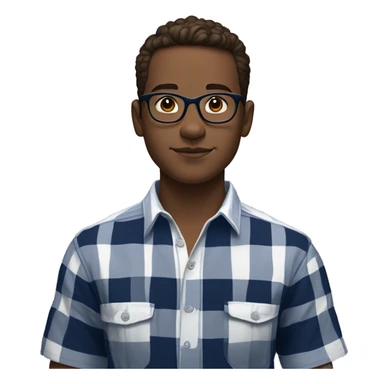 A young male teenager with facial stubble, thick black glasses, neatly trimmed short brown hair, exuding confidence, clad in an unbuttoned navy blue and white checked plaid short sleeve shirt. sticker