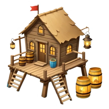 
fisherman house on a wooden pier, small dock, fishing nets hanging, barrels, lantern, ocean vibe, 3D cartoon, cute mobile game icon, clean background, no text
 sticker