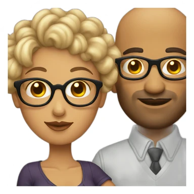 Bald man with tattoos and curly-haired lady wearing glasses sticker