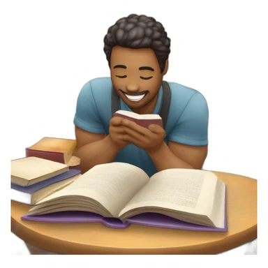 imagen estilizada de un estudiante riendose y saltand sacando fotocopias con un libro en sus manos sticker