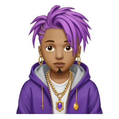 Juice WRLD with purple dreadlocks, 999 tattoo, gold chain, and hoodie sticker