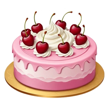 Round pink frosted cake with textured buttercream sides, placed on a gold cake board.
White whipped cream swirls on top, each topped with glossy red cherries with stems, clean studio lighting, isolated background, realistic minimal emoji-style. sticker