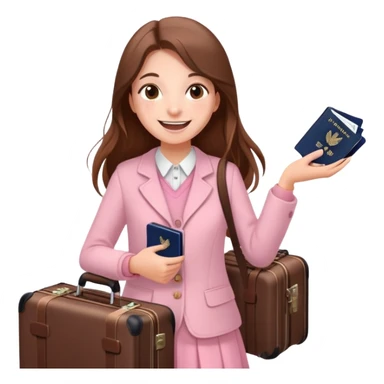 Excited smiling sweetly 🥹🥰🦋 Girl with long brown hair with a suitcase, ready for travel, passport in hand and many butterflies around pale pink  sticker