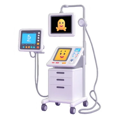3D emoji-style ultrasound machine, with a display screen and probe, hospital setting sticker